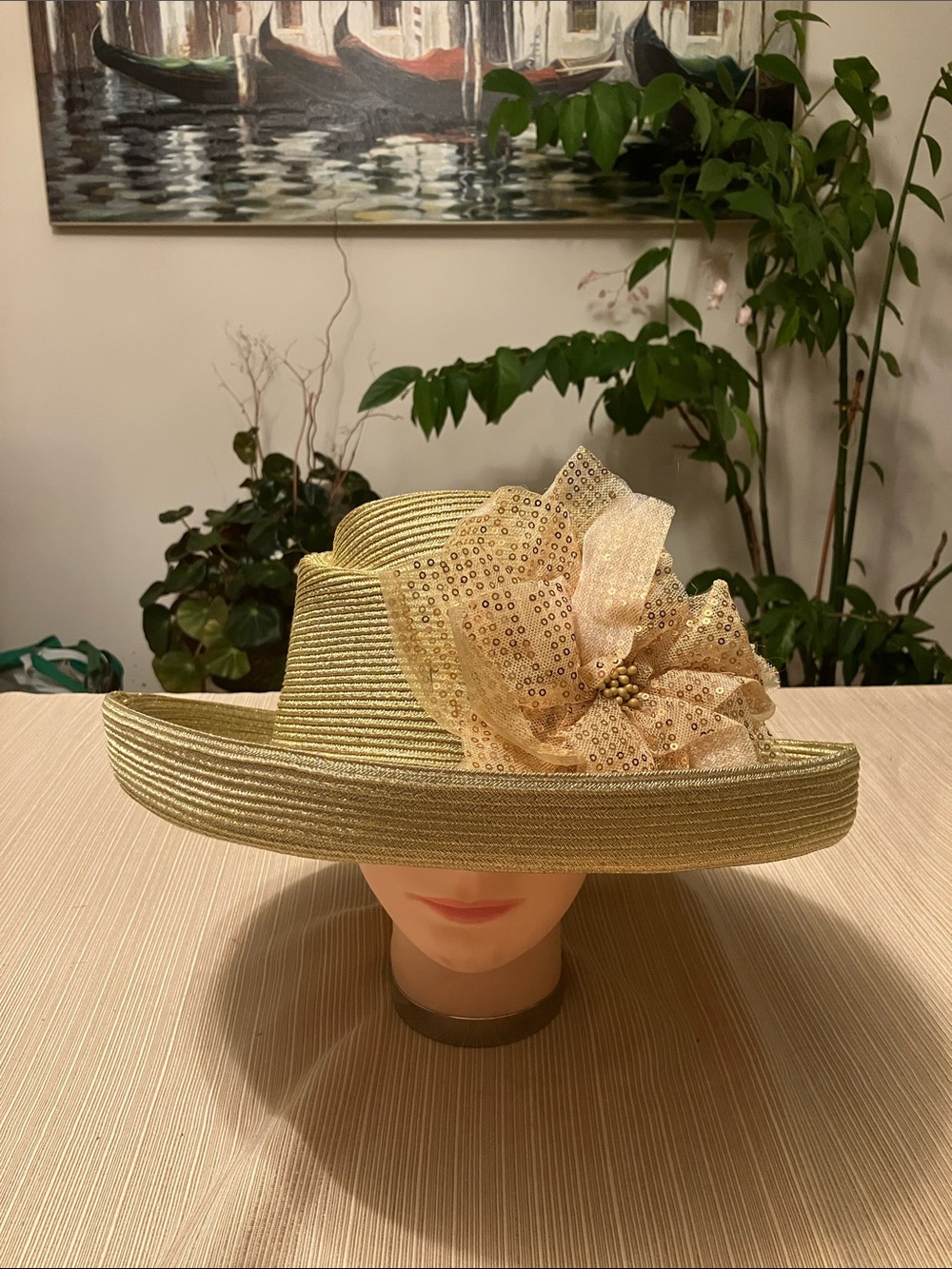 Chic Metallic Gold Wide-Brim Straw Hat with Gold Sequined Floral Accent